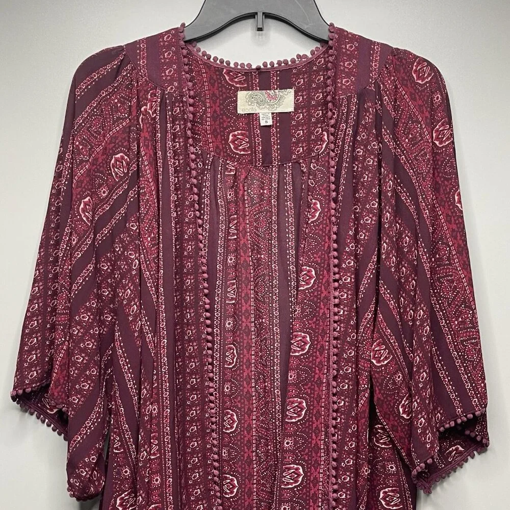 Ecote Urban Outfitters Boho Geometric Tribal Print Kimono Sleeve Burgundy Small - Picture 3 of 8